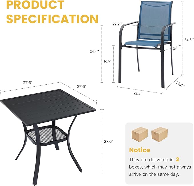 VICLLAX Patio Dining Set for 2, Outdoor Furniture Set Includes Small Table and 2 Stackable Sling Chairs, Bistro Set for Outside, Black Table and Blue Chairs
