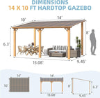 AECOJOY 14' x 10' Gazebo for Patio, Wood Grain Hard Top Lean to Gazebo Pergola with Roof (140 Sq.Ft Shaded), Large Wall-Mounted Heavy Duty Awnings for Patio, Decks, Backyard and More