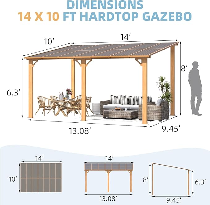 AECOJOY 14' x 10' Gazebo for Patio, Wood Grain Hard Top Lean to Gazebo Pergola with Roof (140 Sq.Ft Shaded), Large Wall-Mounted Heavy Duty Awnings for Patio, Decks, Backyard and More
