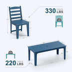 HDPE Patio Dining Set for 6, Weather-Resistant Outdoor Table with Umbrella Hole, Never Sagging One-Piece Tabletop with Metal Support Bars for Poolside Backyard Garden (Blue)