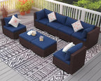 NICESOUL 8 Person Modern Deck Furniture Set, 29.3'' High Back Comfy Outdoor Sectional Sofa Set, Extra Large Wicker Patio Conversation Seating Sets for Terrace, Brown Rattan and Navy Blue Cushion