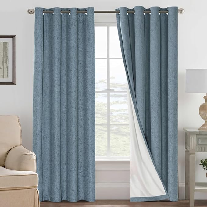 H.VERSAILTEX Linen Curtains 100% Blackout Curtains for Bedroom 90 inch Long Full Light Blocking Nature Linen Blended Window Curtains for Living Room Nickel Grommet (2 Panels, Stone Blue)