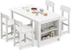 SERWALL Outdoor Bar Table and Chairs Set, 5-Piece HDPE Counter Height Patio Dining Sets with Storage and Wine Rack, Rectangular High Top Bar Table with 4 Bar Stools for Garden, Backyard, White