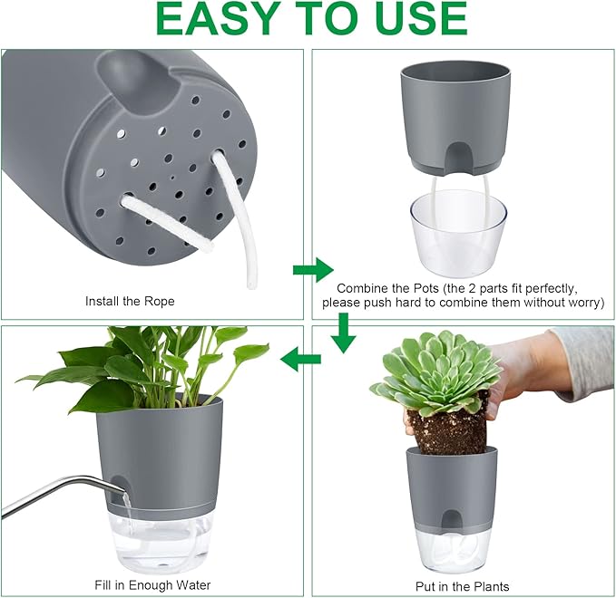 ShineMe Self Watering Flower Pots, 4.1 Inch Self Watering Planters for Indoor Plants, 6 Pack Plastic Plant Pots for African Violets, Herbs, Aloe, Peace Lily with Absorbent Cotton Rope (Gray)