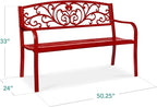 Best Choice Products Outdoor Bench Steel Garden Patio Porch Furniture for Lawn, Park, Deck w/Floral Design Backrest, Slatted Seat - Red