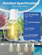 String Lights, Warm White G40 LED, 50 Bulbs, Shatterproof, Outdoor