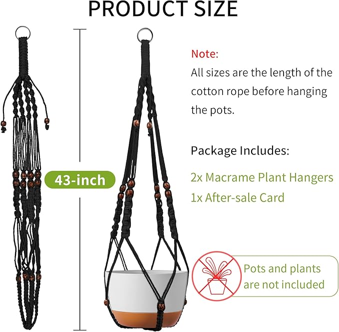 Macrame Plant Hanger - Fits 6 to 15 inches Pots for Indoor Outdoor, 43 Inch, Set of 2, Black (POTS NOT Included)