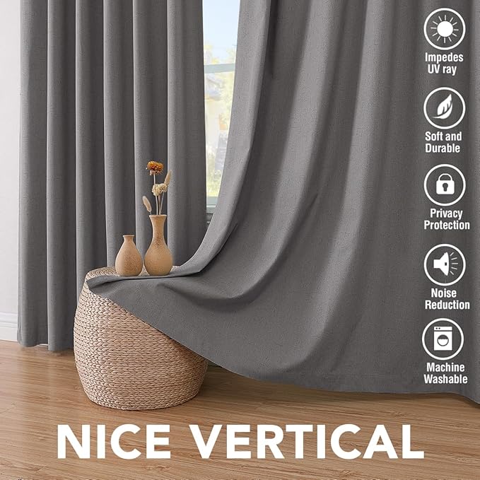 H.VERSAILTEX Primitive Linen Curtains 100% Blackout Curtain Drapes Burlap Fabric Curtains with White Thermal Insulated Liner, Grommet Top Drapes Living Room/Bedroom (2 Panels, 42 x 54 Inch, Grey)