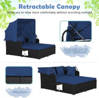 Tangkula Patio Rattan Daybed with Retractable Canopy, Outdoor Wicker Sunbed Lounger with 2 Foldable Side Tables, Thick Seat & Back Cushions, Outside Double Daybed for Garden, Backyard, Porch, Navy