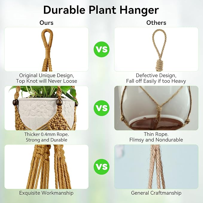 USLAI Macrame Plant Hanger Indoor Outdoor, Fits 3 to 6.5 inch Pots, Hanging Planter Holder with Beads and Tassels, Boho Home Decor, 35+35 Inch, Brown (POTS NOT Included)