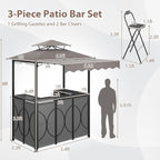 Tangkula 3 Piece Patio Bar Set, Grill Gazebo & 2 Foldable Bar Stools with Awning, Metal Storage Shelves, Glass Holders, Double-Tier Outdoor Shelter for Patio Poolside Garden Backyard (Gray)