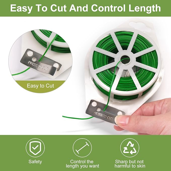 Plant Support Ties, Green Coated Wire, 1312 Ft Roll with Built-in Cutter