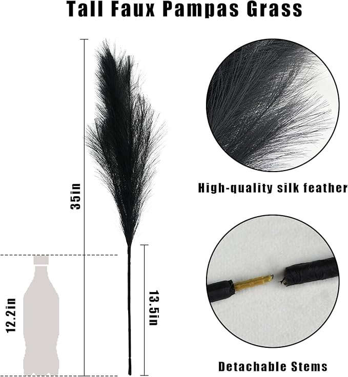 Artificial Pampas Grass Stems, 8 Pack 35 Inch Black Silk Plumes