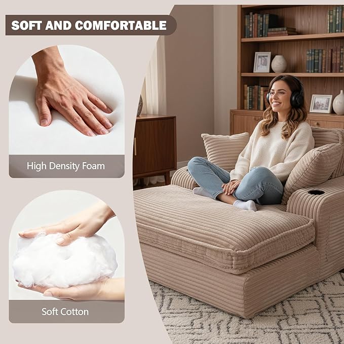 67" Oversized Chaise Lounge Chair Indoor, Soft Boneless Cloud Couch with 3 Pillows, 4 Side Pockets and 2 Cup Holders, Comfy Corduroy Sleeper Couch for Living Room Bedroom
