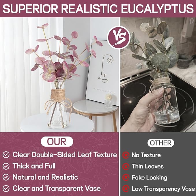 Artificial Greenery Eucalyptus Stems with Glass Vase, 3-Piece Red Set