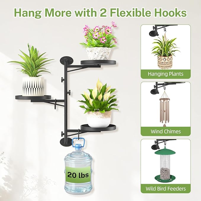 iDavosic.ly Rotating Window Plant Shelves, 3-Tier Metal Wall Stand with 2 Hooks, Flower Display Holder Rack for Living Room, Space Saving, Modern Black (Pots/Chains/Plants Not Included)