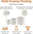 Amazon Basics Assorted Sizes Fluted Ceramic Round Indoor Outdoor Planters with Drainage Hole, Set of 3, Modern Design, 6 inch, 8 inch, 10 inch, White, Succulent Flower Pots