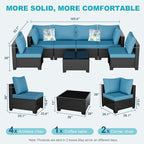 Outdoor Wicker Patio Furniture Set, Rattan Sectional Sofa Set with Thick Cushions (Coffee/Peacock Blue, 7 Piece Sofa Set)