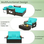 Tangkula Patio Rattan Daybed with 4-Level Adjustable Backrest, Outdoor Wicker Loveseat with Acacia Wood Armrest, Storage Ottoman & Folding Tray, Double Sunbed for Balcony, Yard & Poolside (Turquoise)
