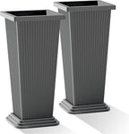 Set of 2 Tall Planters with Drainage Tray, 24 Inch Large Flower Pots for Indoor Outdoor Plants Mordern Planter Weather-Resistant for Patio, Front Door Decor, Garden (Gray Ribbed)