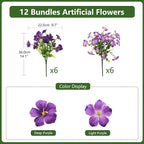 INQCMY Artificial Flowers for Outdoors Fake Plants Spring Decoration, 12 Bundles Faux Petunias UV Resistant Realistic Silk Flower for Outside Planters Patio Porch Yard Window Box (Double Purple)