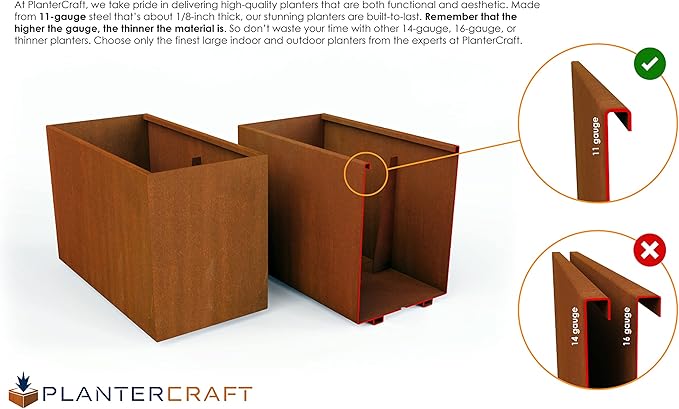 Plantercraft Large Rectangular Planters for Outdoor Plants – 36x12x12 Inch Corten Steel Planter Box | Heavy Duty Metal Raised Garden Bed for Patios & Decks | USA Made & Fully Welded