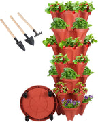 GameXcel Vertical Planter 7 Tier Stackable Planters Garden Planters Strawberry Herb Flower and Vegetable Planter Indoor Outdoor Gardening Pots with Removable Wheels and Tools - Red