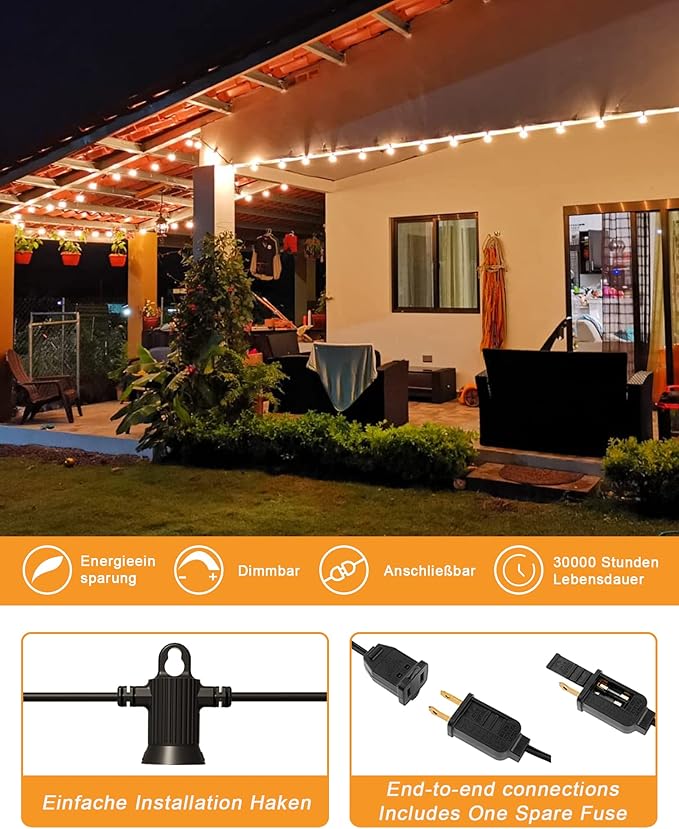 String Lights, 50 FT Warm White LED for Outdoor Patio, 25 Bulbs