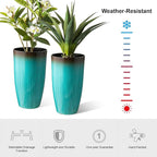 Glitzhome 23.5" H Tall Outdoor Planter, Set of 2 Large Tall Planters with Gradient Turquoise Faux Ceramic Finish, Large Flower Pots for Porch Garden Patio Indoor All Season Decor,with Drainage Holes