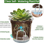 12 Pack 6.5 Inch Clear Self Watering Plant Pots with Bottom Water Tray & Watering Rope, Transparent Nursery Pots with Drainage for Seedlings, Herbs, and Houseplants