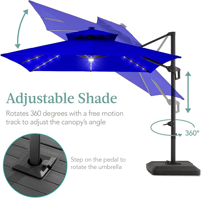 Best Choice Products 10x10ft Cantilever Patio Umbrella w/Base Included, Solar LED Lights 360 Rotation Large Offset Hanging Outdoor Shade for Deck Pool Backyard w/Stand – Resort Blue