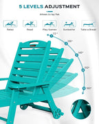 Lounge Chair Outdoor, Oversized Chaise Lounge Chair with 5 Positions, HDPE, Patio Lounge Chair with Wheels & Cup Holder for Pool, Deck, Poolside, Lake Blue