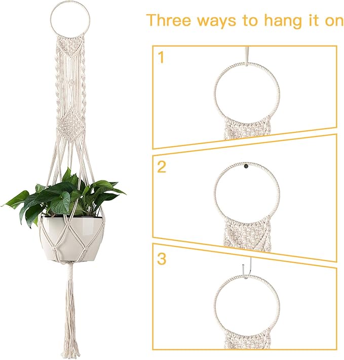 Cuttte Macrame Plant Hanger, Indoor Outdoor Hanging Planter Basket, Hanging Plant Holders, Decorative Macrame Hangers, 4 Legs 43.3 Inch, Cream Color, Boho Decor