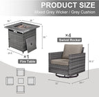 Belord 5 Pieces Wicker Patio Furniture Set: 4 Outdoor Swivel Glider Rocker Patio Conversation Set with 50000BTU Propane Fire Pit Table, All Weather Grey Rattan Anti-Rust Frame, Brown Cushion