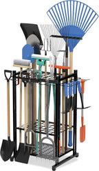 Garden Tool Organizer Rack Up to 50 Tools, Heavy-Duty Steel Yard Tool Organizer for Garage Storage with 11 Hooks, Broom Holder & Garden Tool Rack for Shed, Patio, Outdoor Use, Black