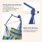 Highwild Hammock Chair Hanging Rope Swing - Max 500 Lbs - Steel Spreader Bar with Anti-Slip Rings - for Any Indoor or Outdoor Spaces (Blue Striped)