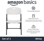 Amazon Basics Portable Folding Plastic Chair with Back Support, Easy to Fold and Store, 350-Pound Capacity, White, 2-Pack