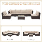 7 Pieces Patio Furniture Set - All-Weather Outdoor Wicker Sectional Conversation Sofa, Rattan Patio Seating Sofa Set with Cushion and Glass Table for Porch Poolside, Brown/Beige