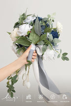 Artificial Flowers: Dusty Blue Cascade Bridal Bouquet, Silk with Pearls