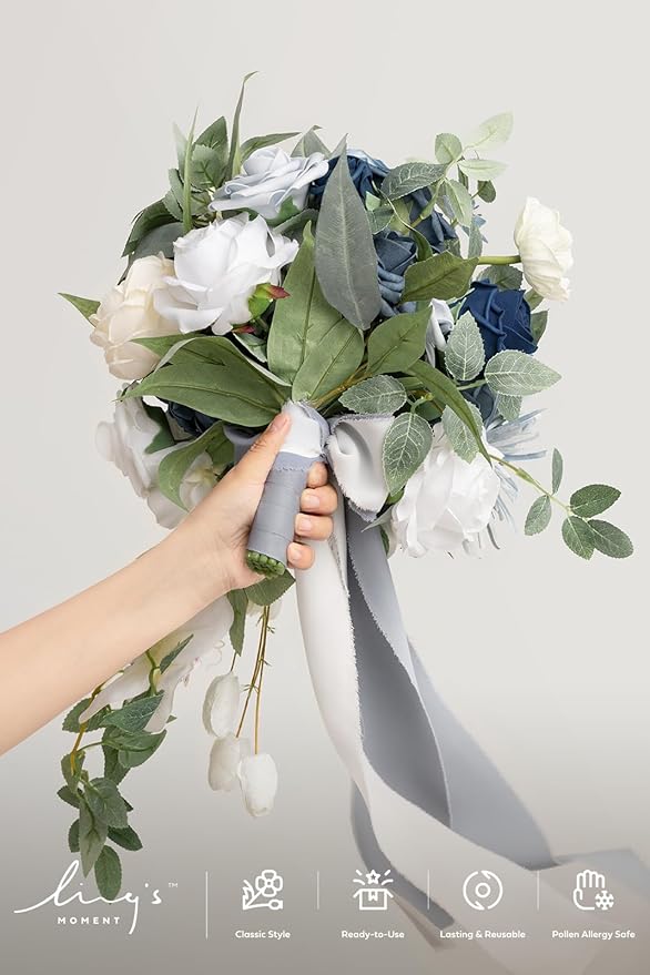 Artificial Flowers: Dusty Blue Cascade Bridal Bouquet, Silk with Pearls