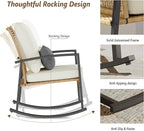 3 Piece Patio Rocking Chairs Set of 2, Outdoor Rocking Chair Bistro Set with Tempered Glass Coffee Table and Thick Lumbar Pillow Set, Front Porch Chairs for Garden, Backyard, Poolside (Beige)
