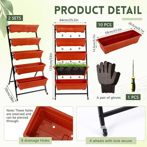2 Pack 5-tier Vertical Garden Planter 4.5 ft Tall Raised Garden Bed with Lockable Wheels & Drainage, Removable Elevated Herb Vegetable Flower Planter for Patio Deck Indoor Outdoor(Brick Red)