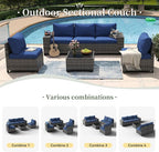 Aoxun 6 Piece Patio Furniture Set with Wide Armrests Wicker Rattan Outdoor Sectional Sofa Set with Coffee Table and Thickened Cushions, Grey/Blue(Waterproof Cover Included)