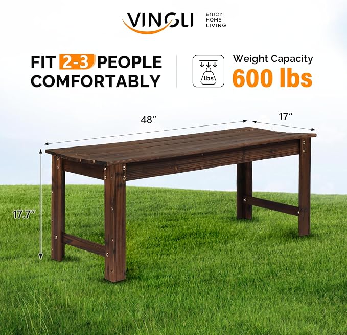 Bench, 48-Inch Carbonized Solid Fir Wood Backless Outdoor Patio Bench