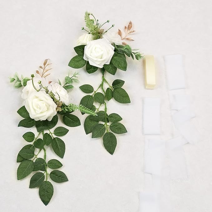 Artificial Rose Chair Flowers, White, Set of 10 for Wedding Aisle Decor