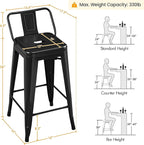 Yaheetech Bar Stools Set of 4, Metal Counter Height Chairs, 26 Inch Industrial Kitchen Stools with Backrest and Footrest for Indoor/Outdoor, Matte Black