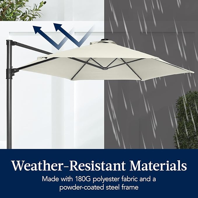 Best Choice Products 10ft Solar LED Offset Cantilever Hanging Market Patio Umbrella, Smooth 360° Rotation, 8 Sturdy Ribs, Easy Adjustment - Ivory