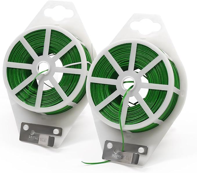 Plant Support Ties, Green Coated Wire, 1312 Ft Roll with Built-in Cutter