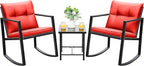 Devoko 3 Piece Rocking Bistro Set Wicker Patio Outdoor Furniture Porch Chairs Conversation Sets with Glass Coffee Table (Red)
