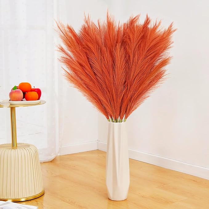 Faux Pampas Grass Stems 8 Pack, 35 Inch Burnt Orange Silk Greenery